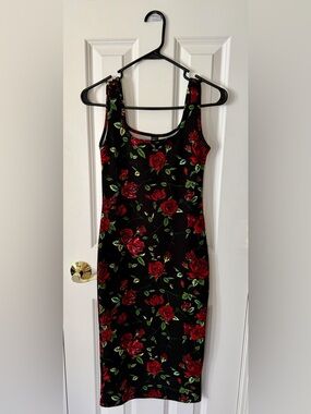 SHEIN Black Midi Dress with Red Rose Print